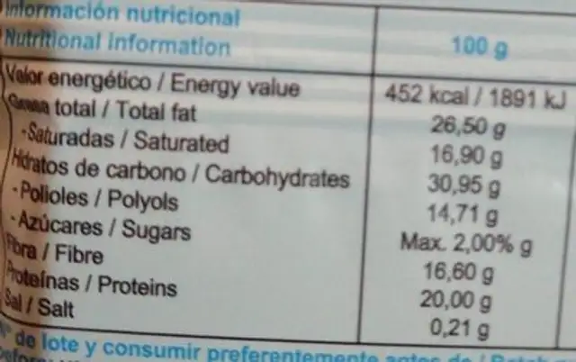 Choc colagen snack nutrition facts table