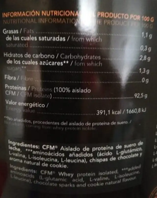 Batido Whey Isolate Cookies nutrition facts table