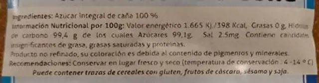 Azúcar Integral de caña nutrition facts table