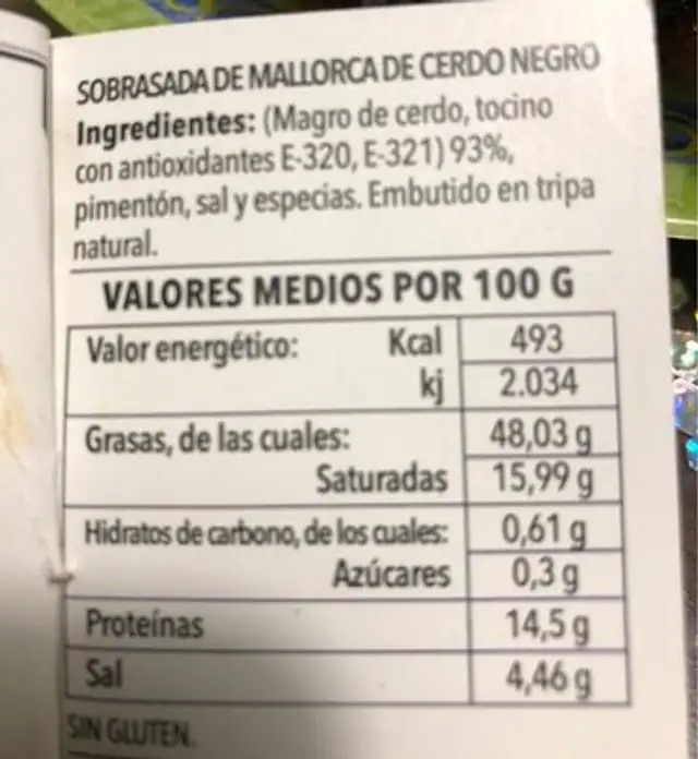 Sobrassada de Mallorca ingredients label