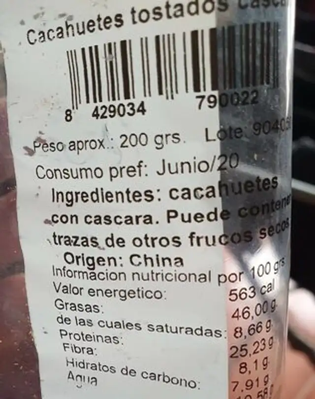 Cacahuetes tostados cascara nutrition facts table