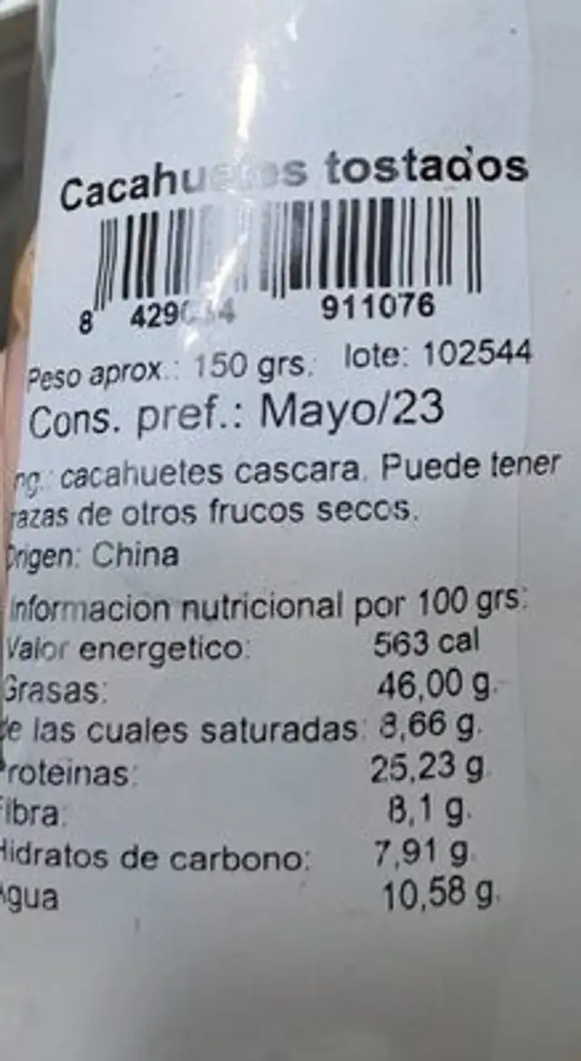 Cacahuete tostado nutrition facts table