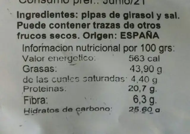 Pipón aguasal nutrition facts table