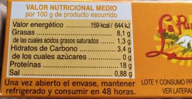 Mejillones en Escabeche nutrition facts table
