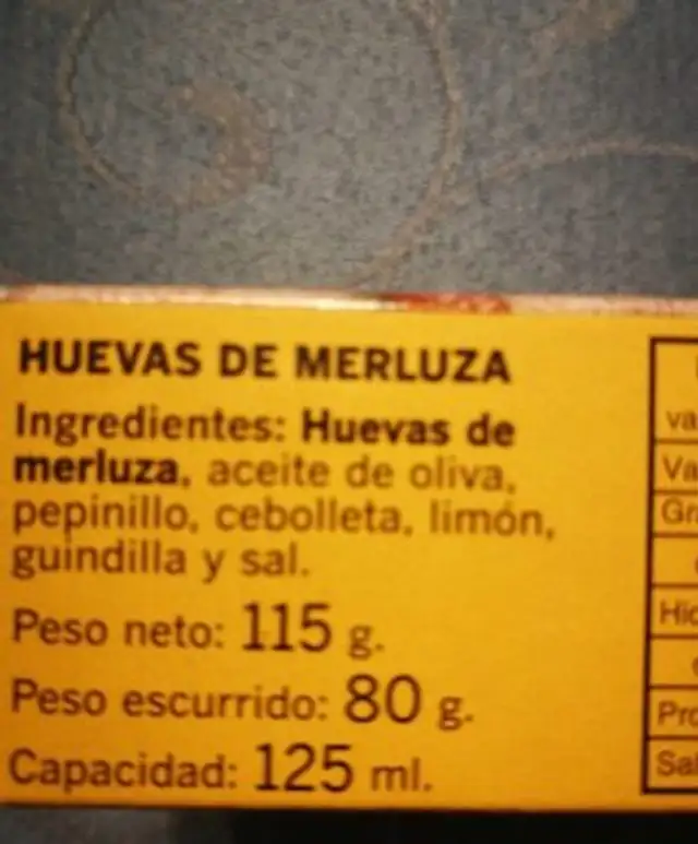 Huevas de Merluza nutrition facts table