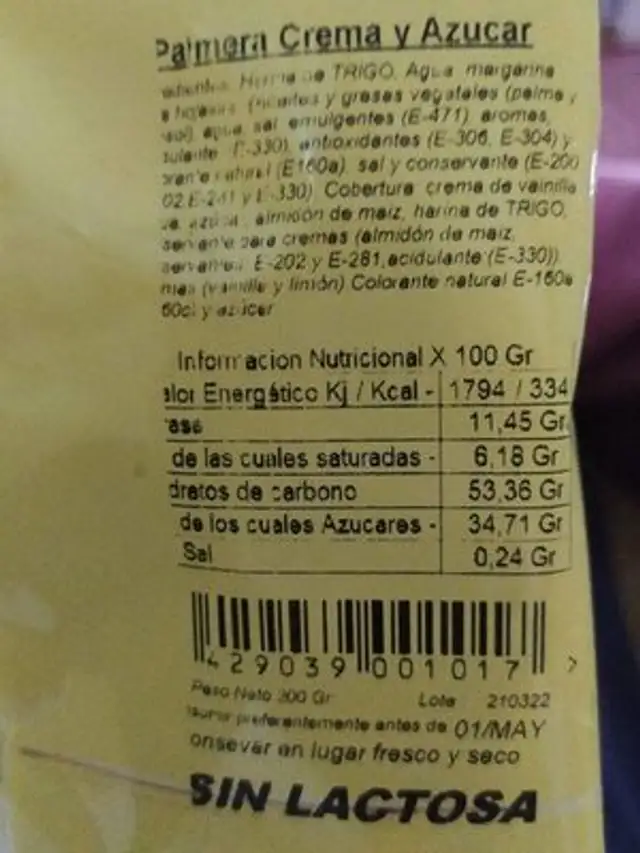 Palmera crema y azúcar (sin lactosa) nutrition facts table