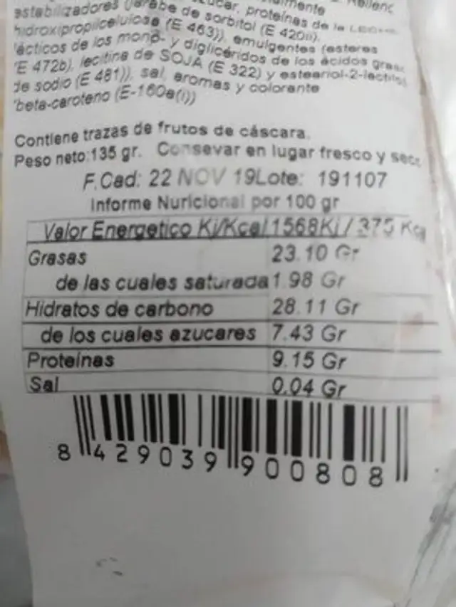 Unknown nutrition facts table