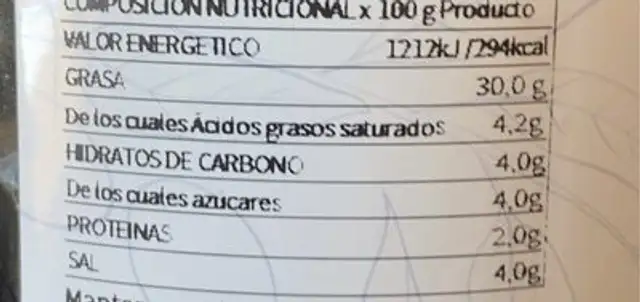 Aceitunas nutrition facts table