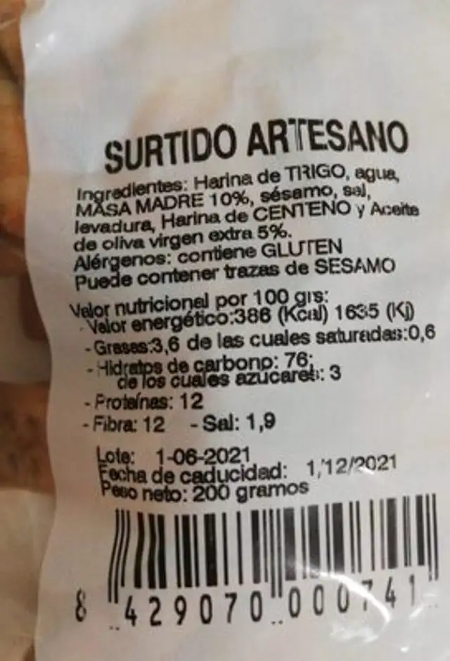 Picos artesanos nutrition facts table