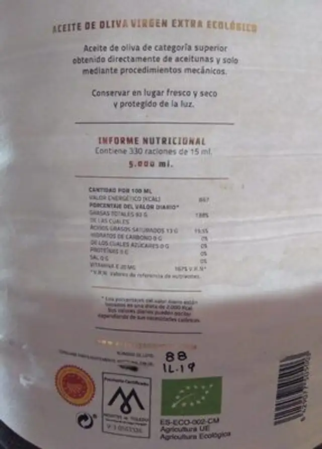 Aceite de oliva virgen extra nutrition facts table