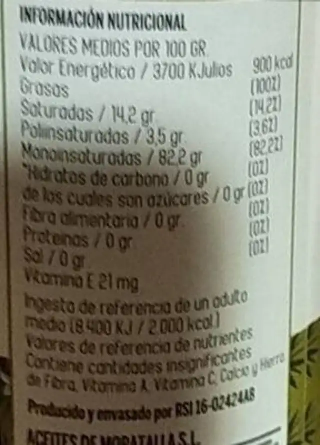 Aceite nutrition facts table