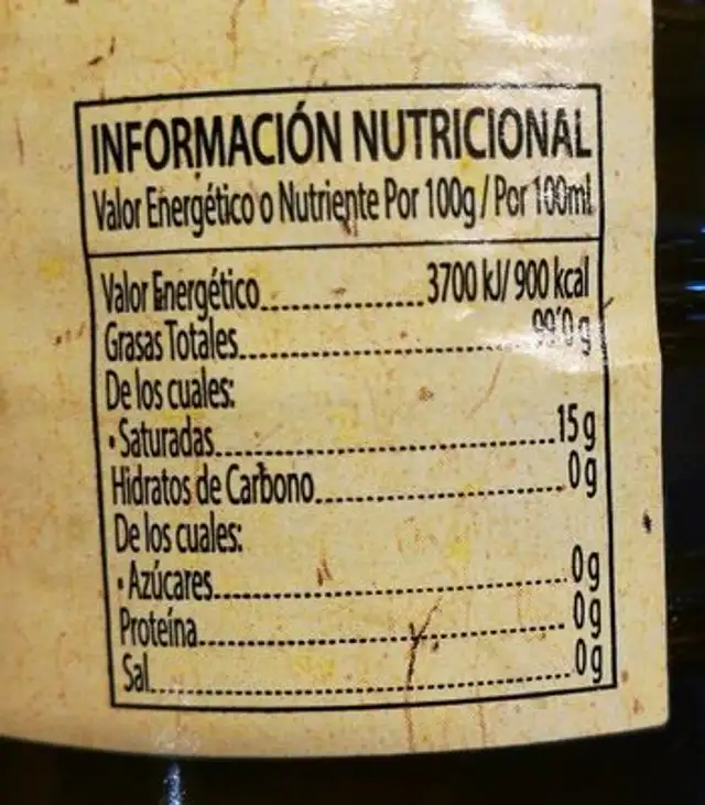Aceite de oliva virgen extra nutrition facts table