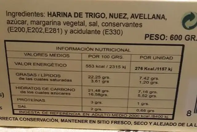 Casadielles nutrition facts table