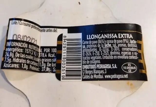 Llonganissa de pavo nutrition facts table