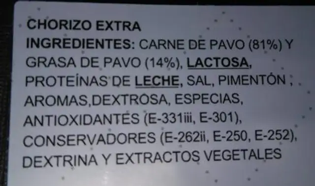 Chorixo de pavo nutrition facts table