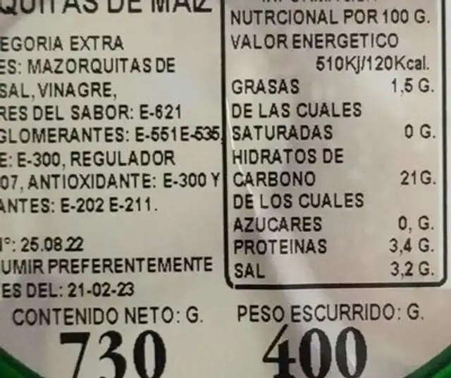 Mazorquitas de maiz nutrition facts table
