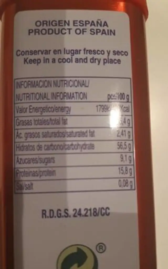 Pimentón nutrition facts table