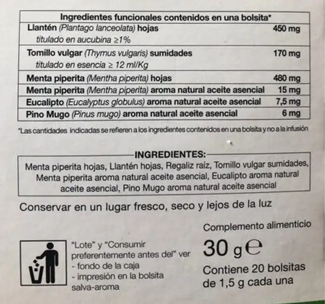 BroncolSan Tisana nutrition facts table
