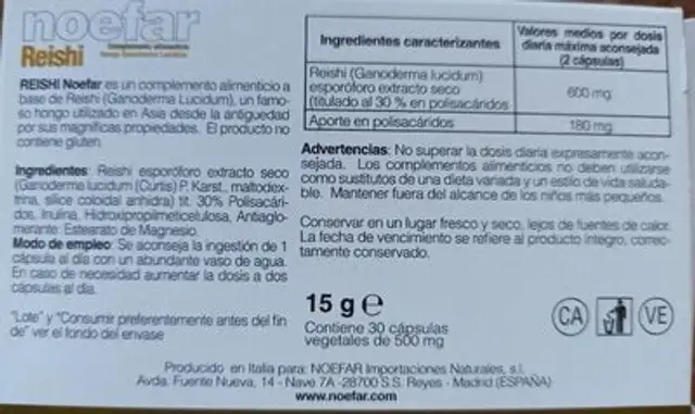 Reishi nutrition facts table