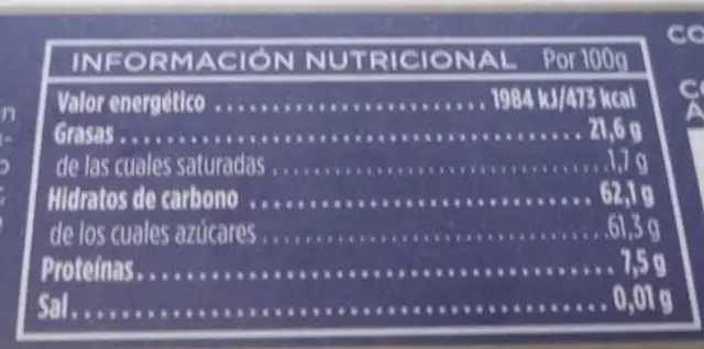 Pasta para Sopa de Almendra nutrition facts table