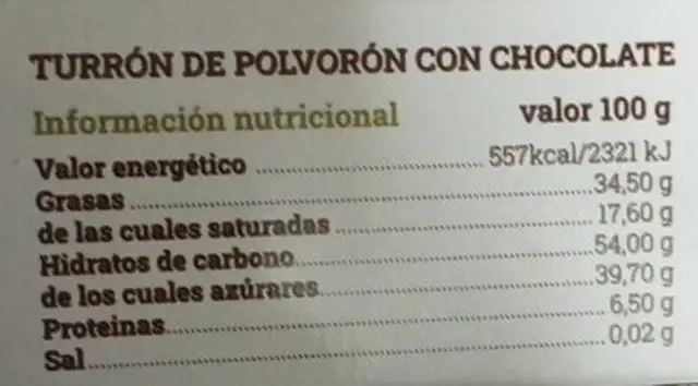 Turrón de polvorón de chocolate nutrition facts table