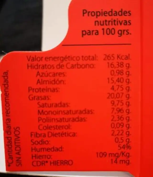 Morcilla Tradicional de Burgos nutrition facts table