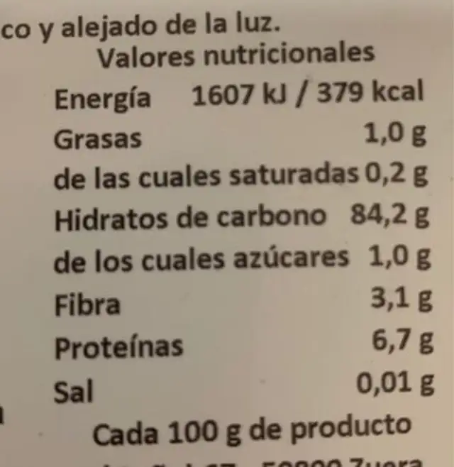 Copos de maíz nutrition facts table