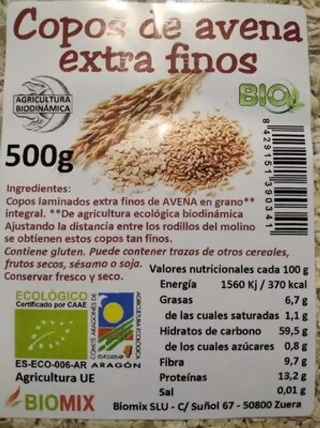 Copos de avena extra finod nutrition facts table