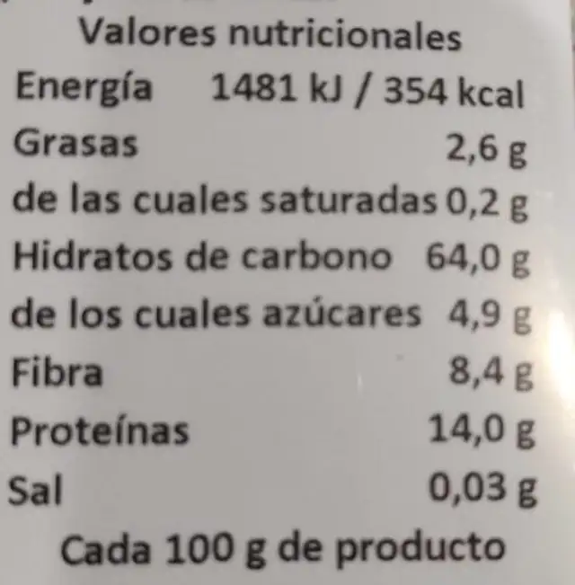 Copos de espelta finos nutrition facts table