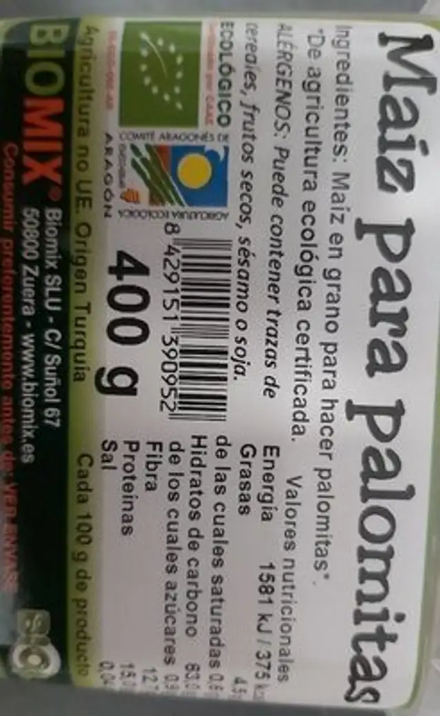 Maiz para palomitas nutrition facts table