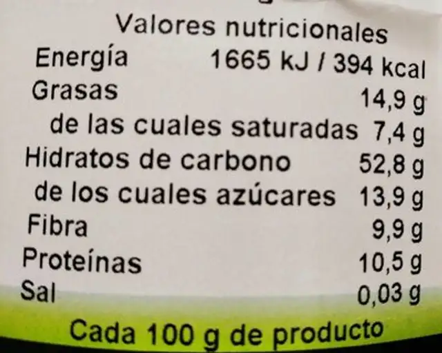 Muesli Prosperidad nutrition facts table