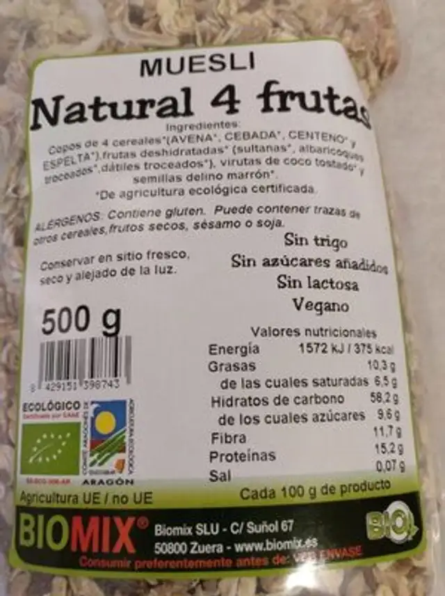 Muesli natural 4 frutas nutrition facts table