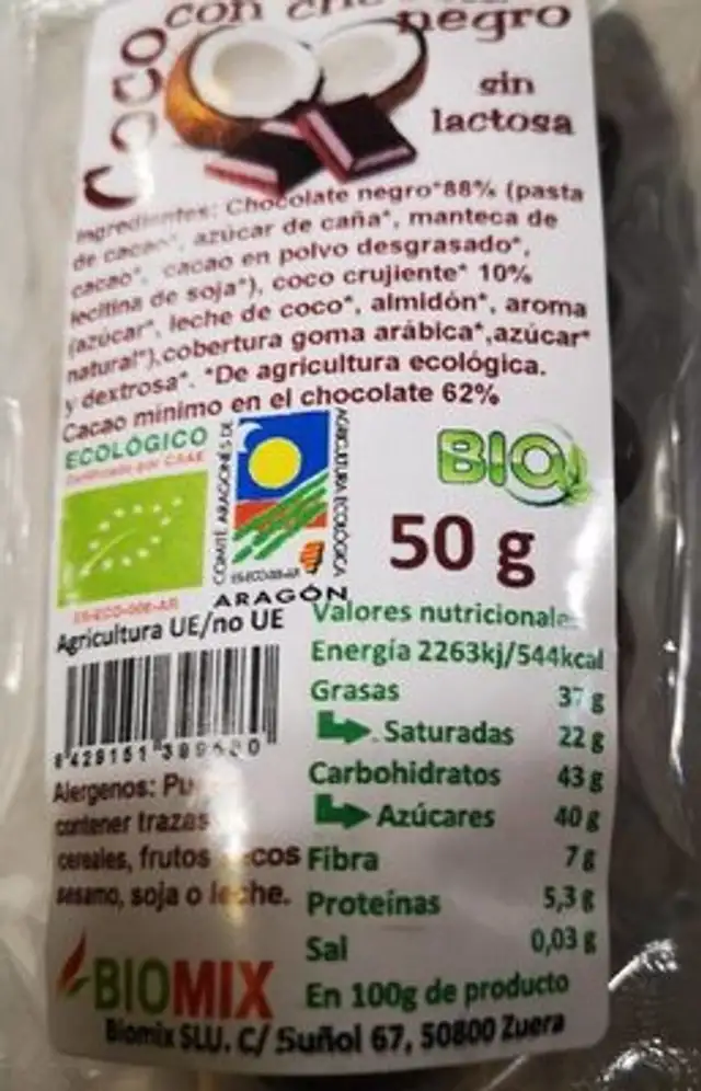 Coco con chocolate negro sin lactosa nutrition facts table