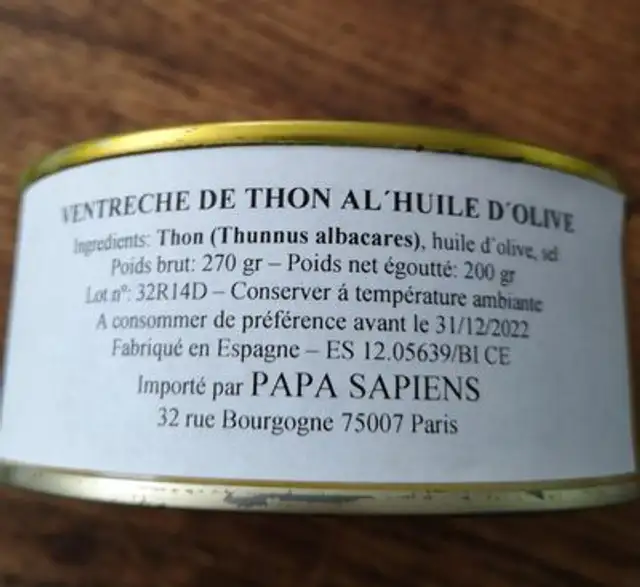 Ventreche de Thon ingredients label