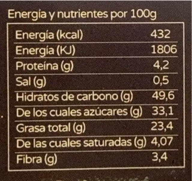 Taps amb Xocolata nutrition facts table