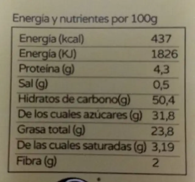 Taps de vainilla nutrition facts table