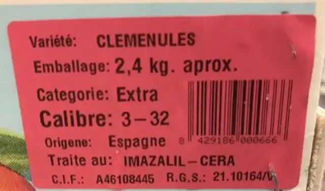 Clémentines ingredients label