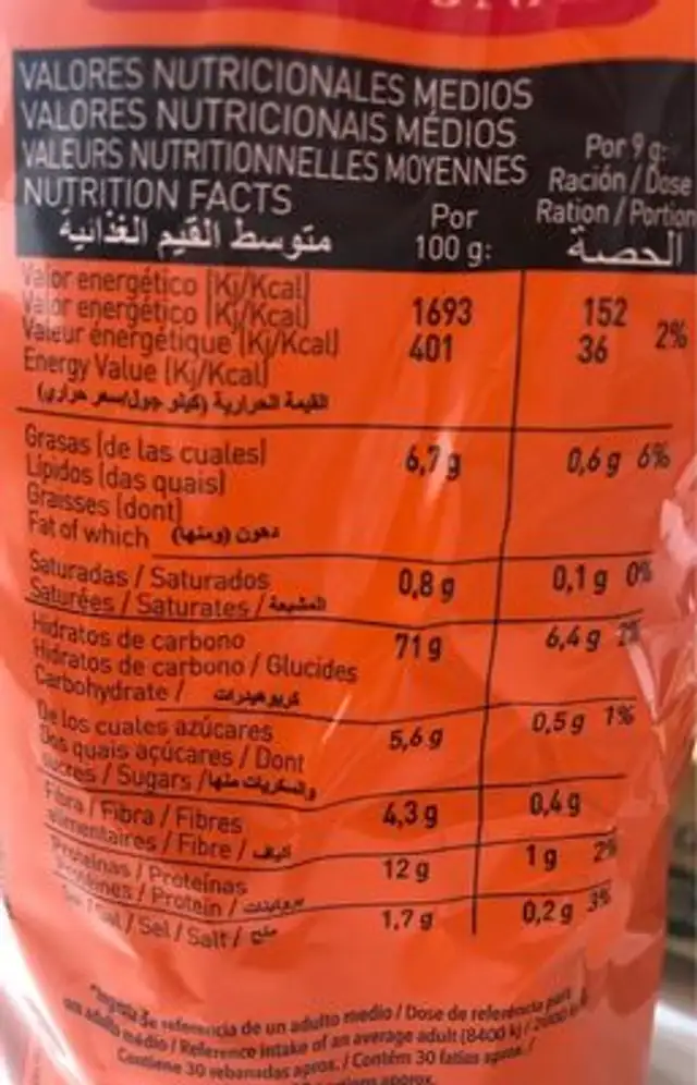 Pan tostado tradicional nutrition facts table