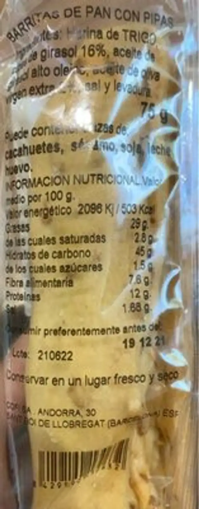 Barritas de pipas nutrition facts table