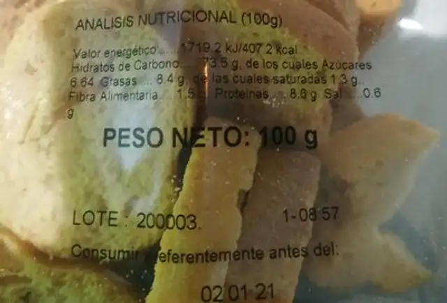 Tostaditas Naturales nutrition facts table