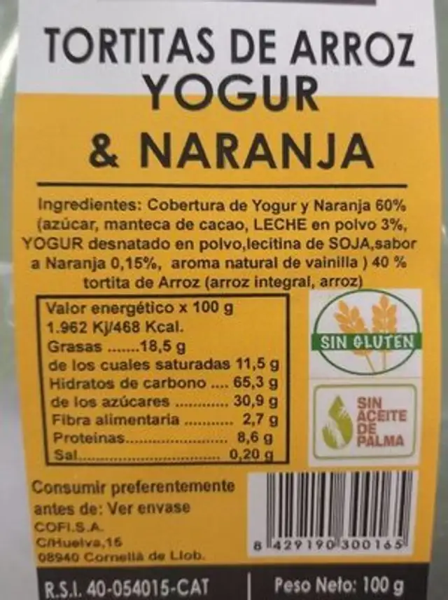 Galletas arroz y yogurth nutrition facts table