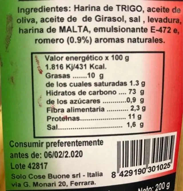 "Spirali" Bastoncitos com Romero nutrition facts table