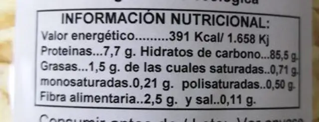 Tortitas de maiz ecologicas nutrition facts table