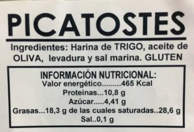 Picatostes nutrition facts table