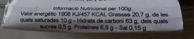 "Cookies" xocolata integrals sense sucre afegit nutrition facts table