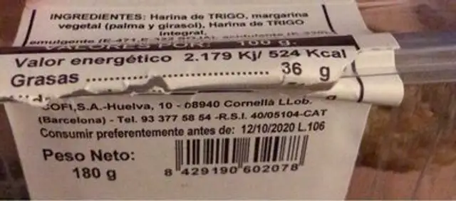 Palmeritas sin azucar nutrition facts table