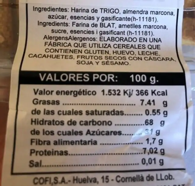 Carquinyolis d'Ametlles nutrition facts table