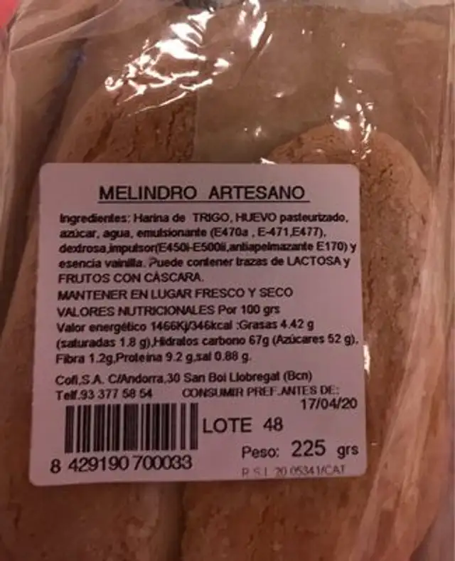 Melindros artesanos nutrition facts table