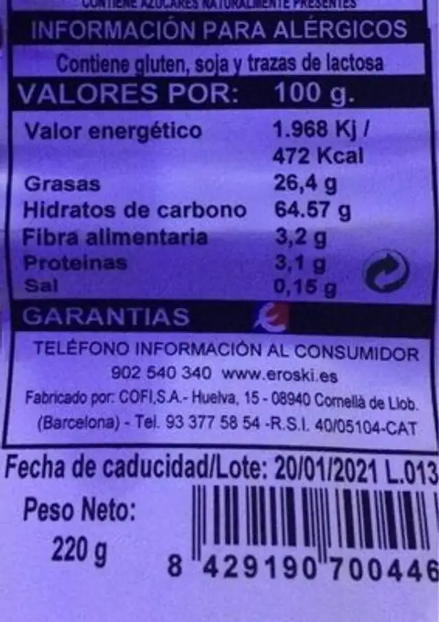 Boer de Nata nutrition facts table