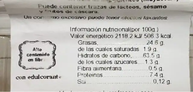 Rollo naranja nutrition facts table